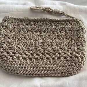 Beige Woven Straw-Style Zip Pouch with Braided Wristlet Strap